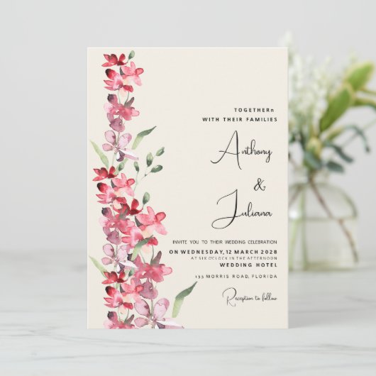 Ivoorroze bordeauxrood mint groen bloemenbruiloft kaart (Staand voorkant)