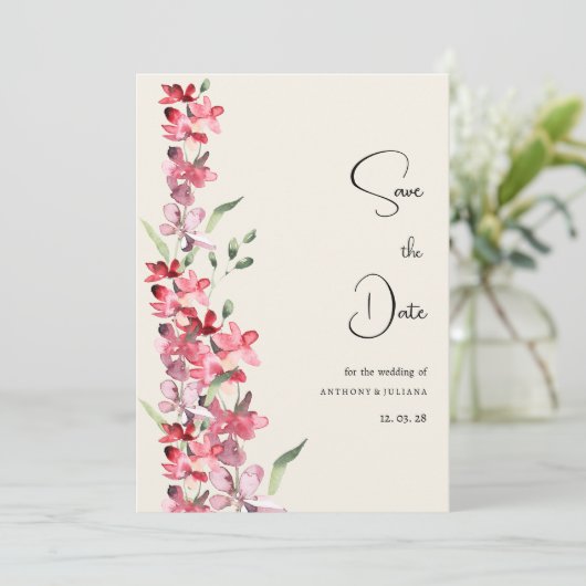 Ivoorroze bordeauxrood muntbloemen Save the Date Kaart (Staand voorkant)