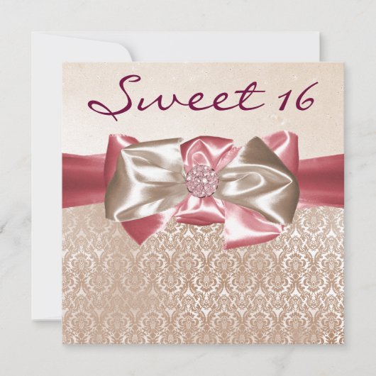 Ivoorroze Damask Sweet 16 Verjaardagsfeest Kaart (Voorkant)