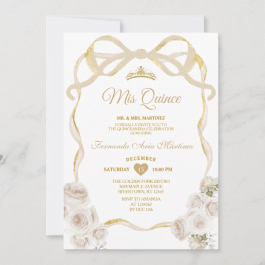 Ivoorwit Bloemen Boog Lint Goud Mis Quince Kaart (Voorkant)