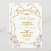 Ivoorwit Bloemen Boog Lint Goud Mis Quince Kaart (Voorkant / Achterkant)