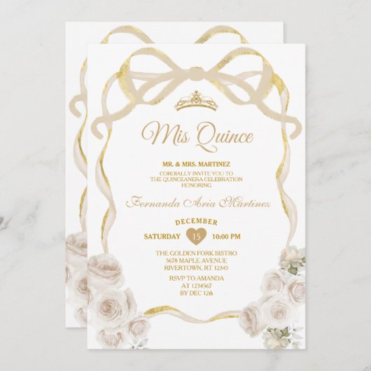 Ivoorwit Bloemen Boog Lint Goud Mis Quince Kaart (Voorkant / Achterkant)