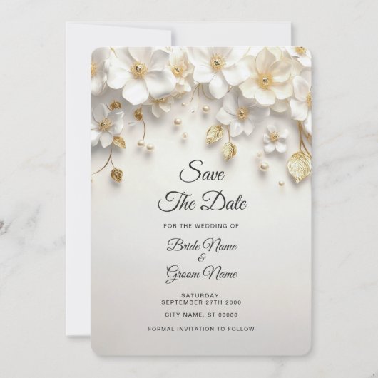 Ivoorwit Bloemen Gouden Bladeren Save the Date (Voorkant)