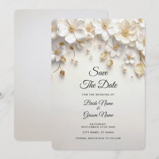 Ivoorwit Bloemen Gouden Bladeren Save the Date (Voorkant / Achterkant)