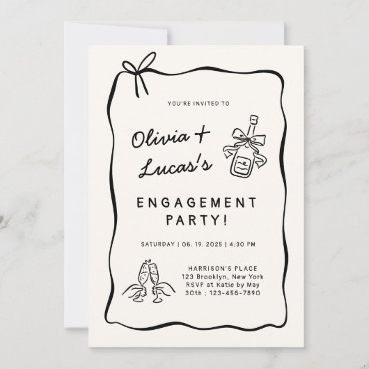 Ivoorwit en zwart handgetekende verlovingsfeest kaart (Voorkant)
