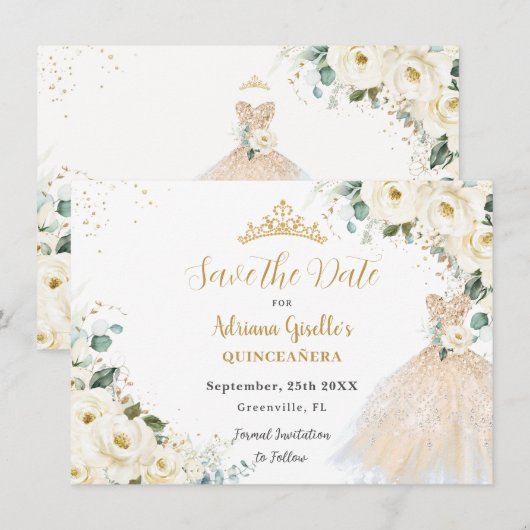 Ivoorwit Floral Champagne Jurk Quinceañera XV Save The Date (Voorkant / Achterkant)