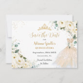 Ivoorwit Floral Champagne Jurk Quinceañera XV Save The Date (Voorkant)