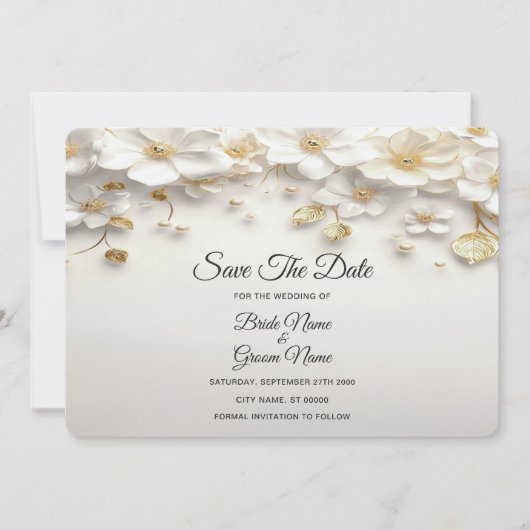 Ivoorwitte bloemblad Gouden Bladeren Save The Date (Voorkant)