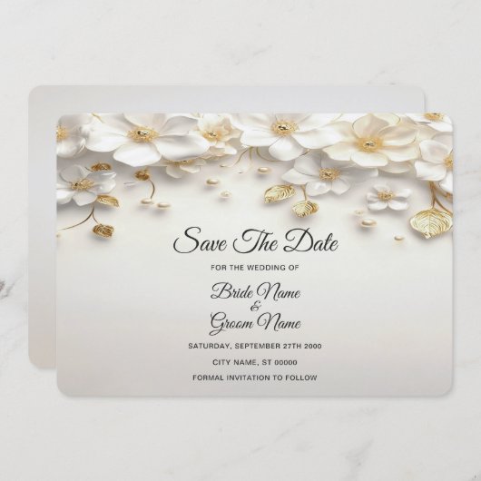 Ivoorwitte bloemblad Gouden Bladeren Save The Date (Voorkant / Achterkant)