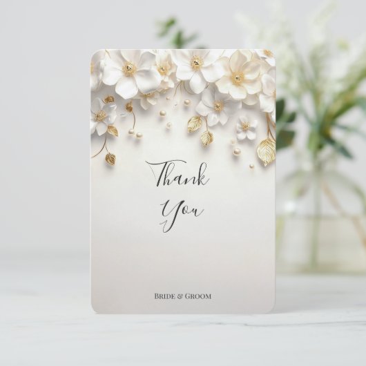 Ivoorwitte bloemengouden bladeren bedankkaart (Staand voorkant)