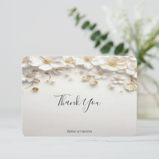 Ivoorwitte bloemengouden bladeren bedankkaart (Staand voorkant)