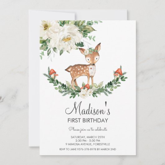 Ivoorwitte bloemenherten Fawn Woodland Verjaardag Kaart (Voorkant)