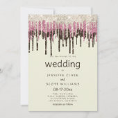 Ivoorzwart goud roze glam glitter druipt bruiloft kaart (Voorkant)