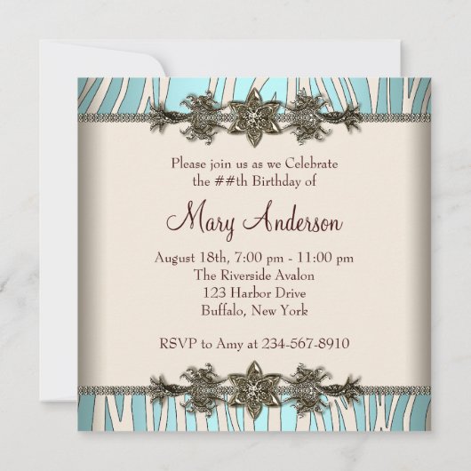 Ivoren Blauwgroen Blauwe Zebra Vrouwen Verjaardags Kaart (Achterkant)