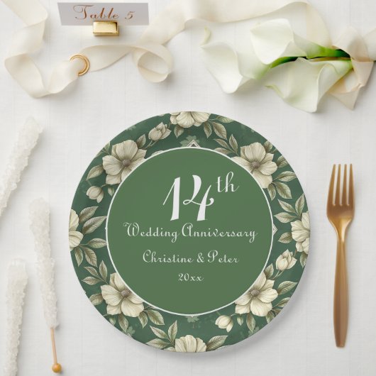 Ivoren bloemen en smaragdgroene bruiloft Jubileum Papieren Bordje (Huwelijk)