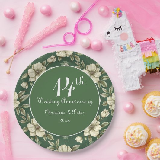 Ivoren bloemen en smaragdgroene bruiloft Jubileum Papieren Bordje (Feest)