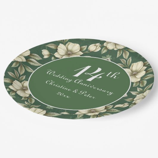 Ivoren bloemen en smaragdgroene bruiloft Jubileum Papieren Bordje (Gekanteld)