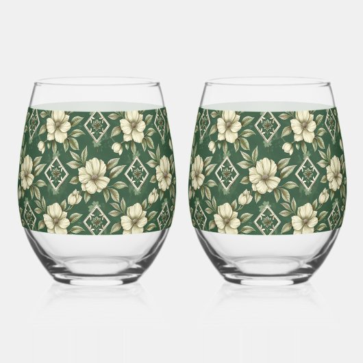 Ivoren bloemen en smaragdgroene bruiloft Jubileum Wijnglas Zonder Voet (Achterkant)