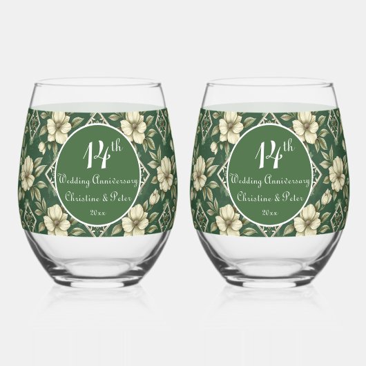 Ivoren bloemen en smaragdgroene bruiloft Jubileum Wijnglas Zonder Voet (Voorkant)