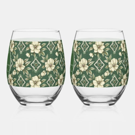 Ivoren bloemen en smaragdgroene bruiloft Jubileum Wijnglas Zonder Voet (Links)