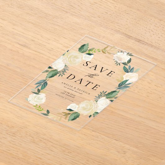 Ivoren Bloemen Krans met Faux Folie Save the Date Acryl Uitnodigingen (Laagn)