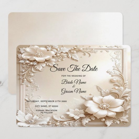 Ivoren Bloemen Save The Date (Voorkant / Achterkant)