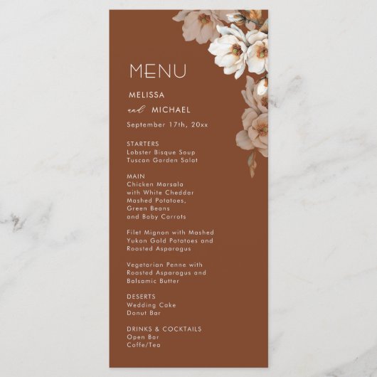 Ivoren Bloemen Terracotta Bruiloft Menu (Voorkant)