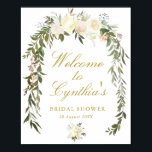 ivoren bloemige bruidsshower welkomstbord poster<br><div class="desc">Een bloemig ontwerp met mooie ivoorwitte waterverf bloemen. De tekst en kleuren op deze poster kunnen worden aangepast.</div>