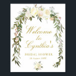 ivoren bloemige bruidsshower welkomstbord poster<br><div class="desc">Een bloemig ontwerp met mooie ivoorwitte waterverf bloemen. De tekst en kleuren op deze poster kunnen worden aangepast.</div>