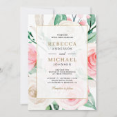 Ivoren Blush Roze Bloemen Goud Lijst QR Code Huwel Kaart (Voorkant)