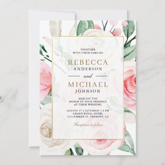 Ivoren Blush Roze Bloemen Goud Lijst QR Code Huwel Kaart (Voorkant)