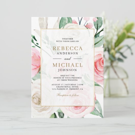 Ivoren Blush Roze Bloemen Goud Lijst QR Code Huwel Kaart (Staand voorkant)
