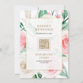Ivoren Blush Roze Bloemen Goud Lijst QR Code Huwel Kaart (Achterkant)
