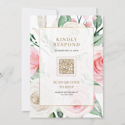Ivoren Blush Roze Bloemen Goud Lijst QR Code Huwel Kaart (Achterkant)