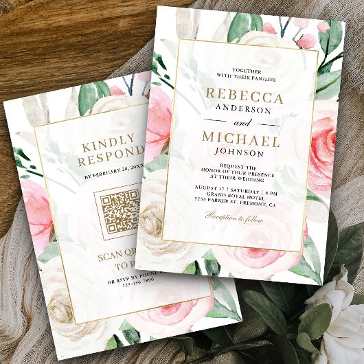 Ivoren Blush Roze Bloemen Goud Lijst QR Code Huwel Kaart