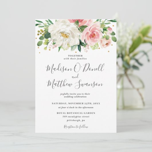 Ivoren Blush Roze Bloemen Greenery Wedding Kaart (Staand voorkant)
