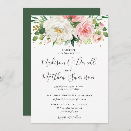 Ivoren Blush Roze Bloemen Greenery Wedding Kaart (Voorkant / Achterkant)
