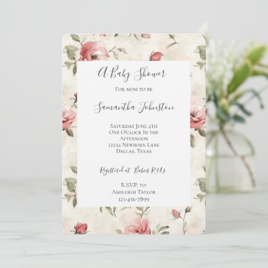 Ivoren Blush Rozen Bloemen Baby shower Kaart (Staand voorkant)