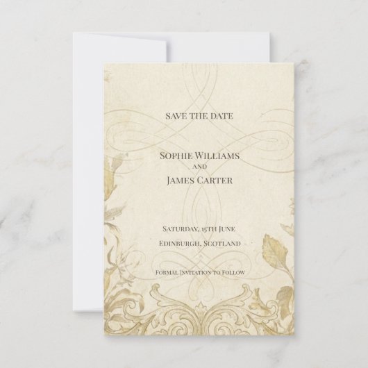 Ivoren botanische scroll save the date kaart (Voorkant)
