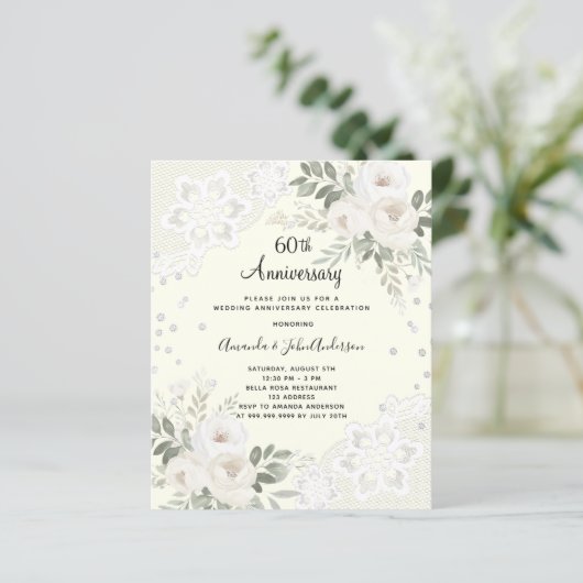 Ivoren diamant 60ste huwelijksverjaardag uitnodigi (Staand voorkant)