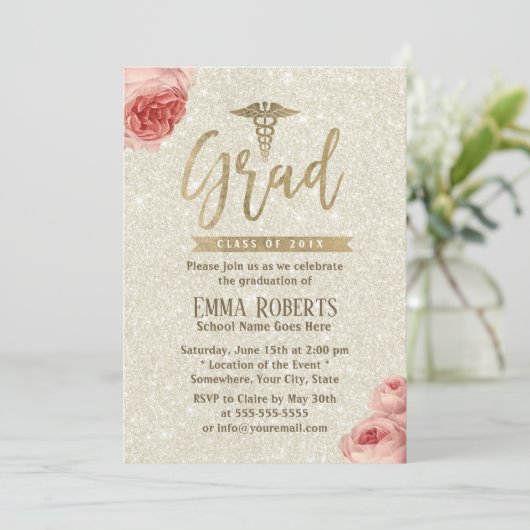 Ivoren Elegante Bloemrijke Gouden Medische Verplee Kaart (Staand voorkant)