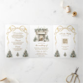 Ivoren Gouden Kerst Haard Boog QR Code Bruiloft Drieluik Uitnodiging (Binnen)