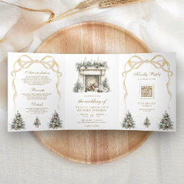 Ivoren Gouden Kerst Haard Boog QR Code Bruiloft Drieluik Uitnodiging
