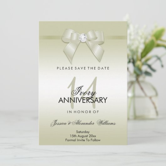 Ivoren juweelboog en lint 14e trouwdag save the date (Staand voorkant)