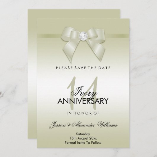 Ivoren juweelboog en lint 14e trouwdag save the date (Voorkant / Achterkant)