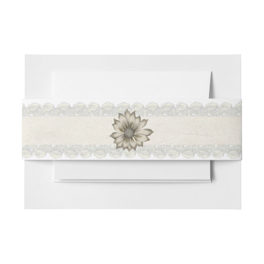 Ivoren kant en bloem bruiloft buik band uitnodigingen wikkel (Voorkant Voorbeeld)