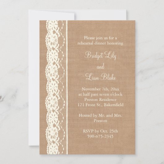 ivoren kant & Med. Burlap Rehearsal Dinner Kaart (Voorkant)