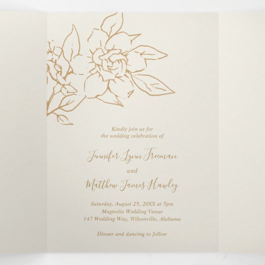 Ivoren lijn kunst Bloemen Elegante bruiloft Drieluik Uitnodiging (Binnenkant midden)