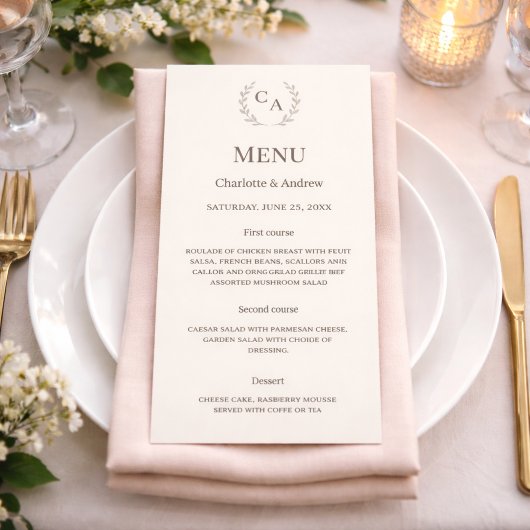 Ivoren monogram slinger klassiek huwelijksdiner menu