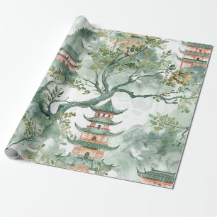 Ivoren Pagode Sage Botanische Chinoiserie Cadeaupapier